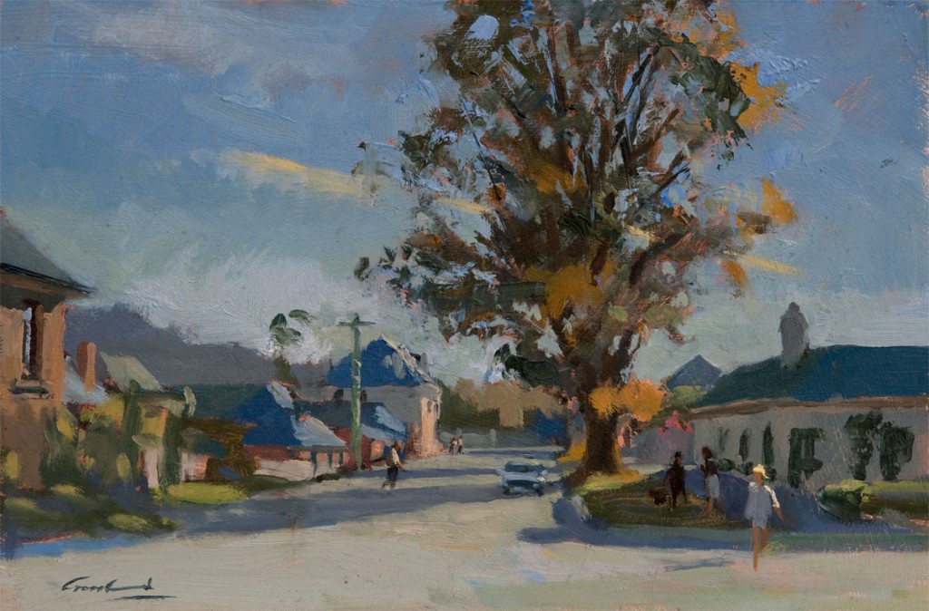 Plein air oil painting of figures on Henry street, Richmond Tasmania.