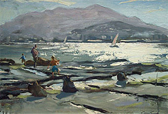 Oil landscape of family at edge of Derwent river near Bellerive, Mt Wellington in background.