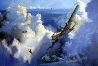 Oil painting of Lancaster bomber and BF109 aircraft, air combat during World War II.