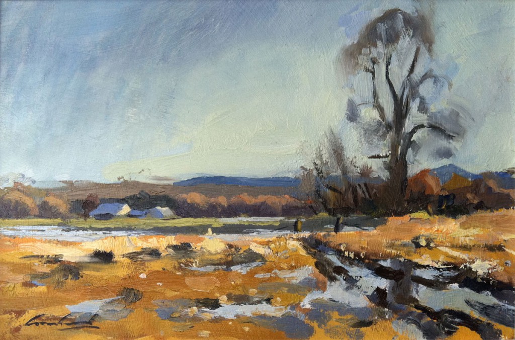 Oil painting of winter landscape in rural Tasmania done en plein air.