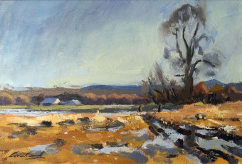 Oil painting of winter landscape in rural Tasmania done en plein air.