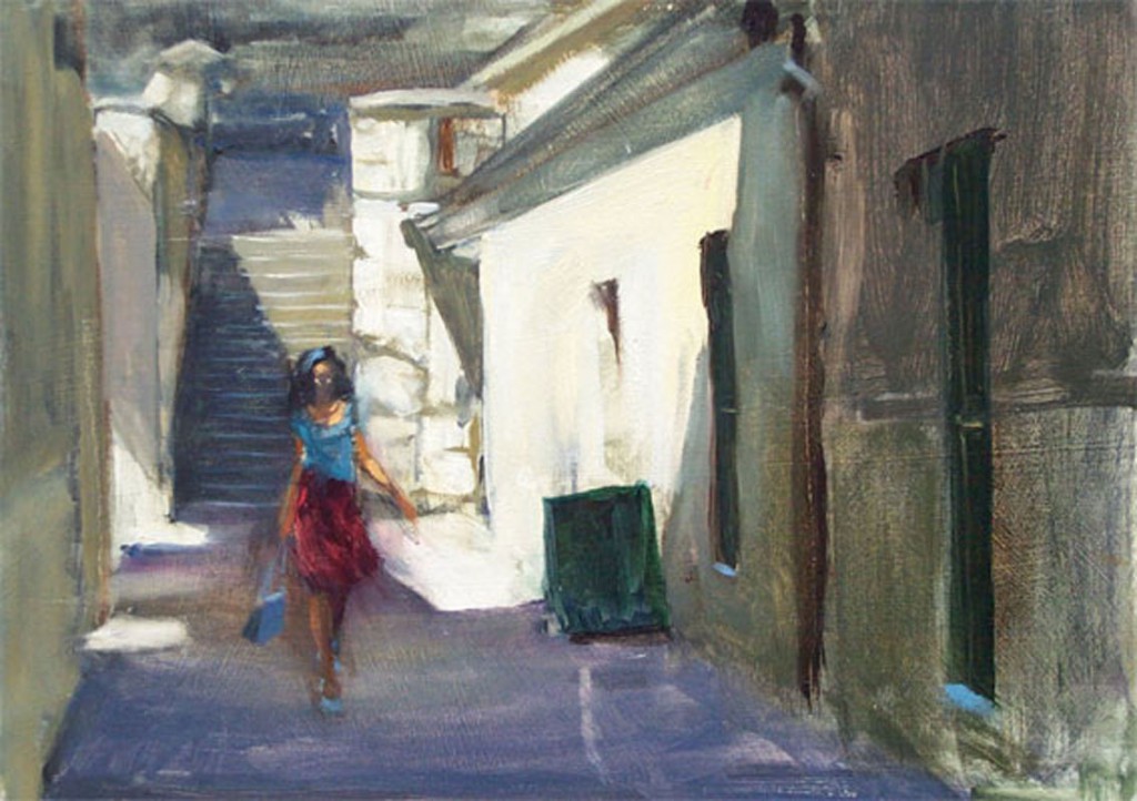 Plein air oil urban painting of woman going to Salamanca market at Kellys steps, Hobart, Tasmania, Australia.