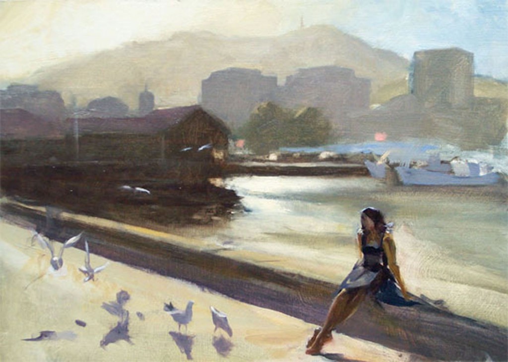 Plein air, figure with gulls at Franklin wharf, Hobart, Tasmania, Australia