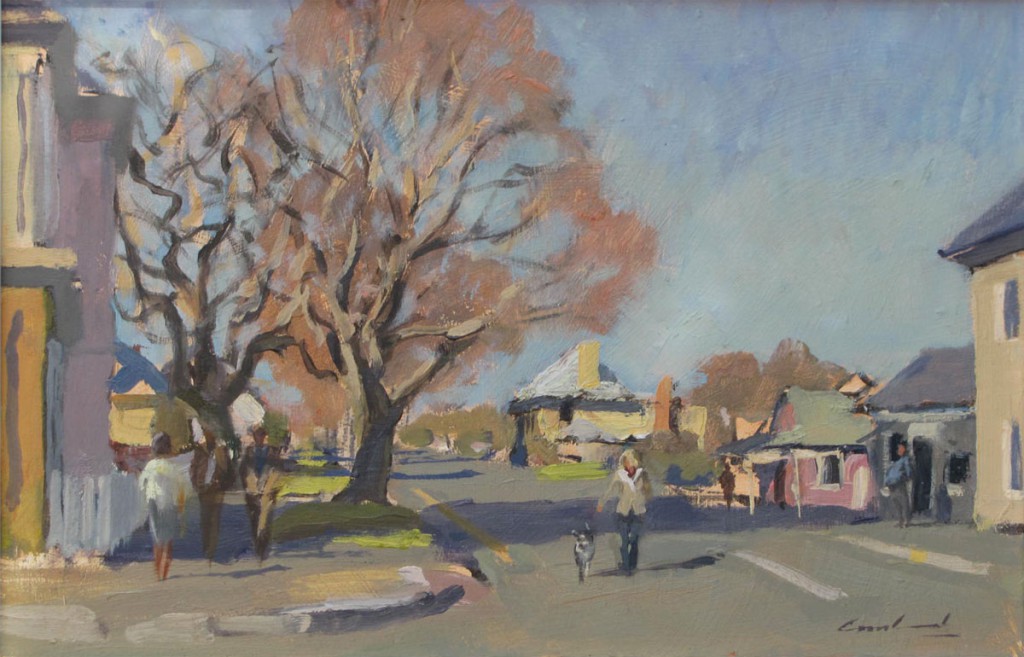 Plein air oil painting of figures in the winter, in street at Henry street, Richmond, Tasmania, Australia.