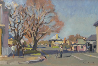 Plein air oil painting of figures in the winter, in street at Henry street, Richmond, Tasmania, Australia.