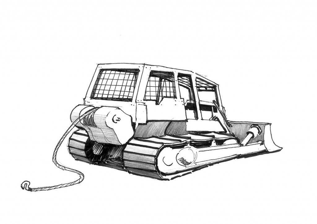 Pen and ink illustration of a bulldozer for a logging code of practice.