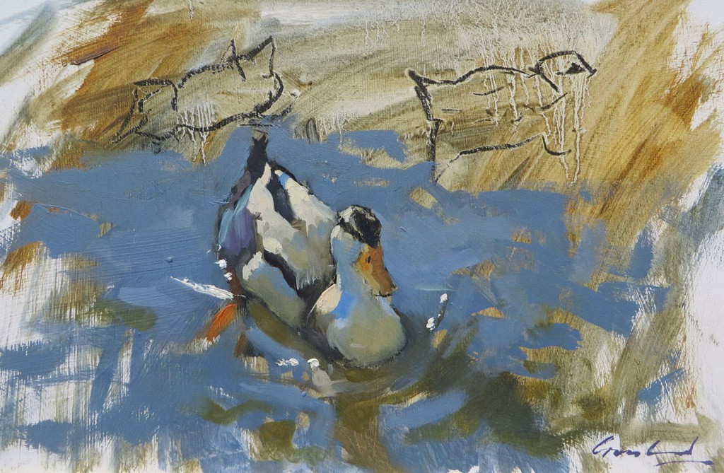 Sketch of duck on river at Richmond in southern Tasmania on summer afternoon.
