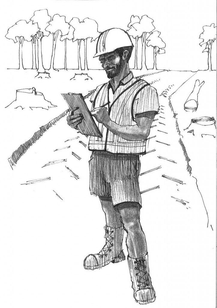 Pen and ink illustration of a man with a clipboard for a logging code of practice.