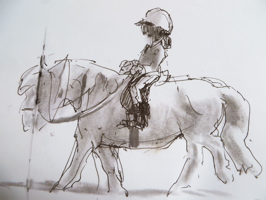 Quick illustration of young pony clubber on her pony. Done from life.