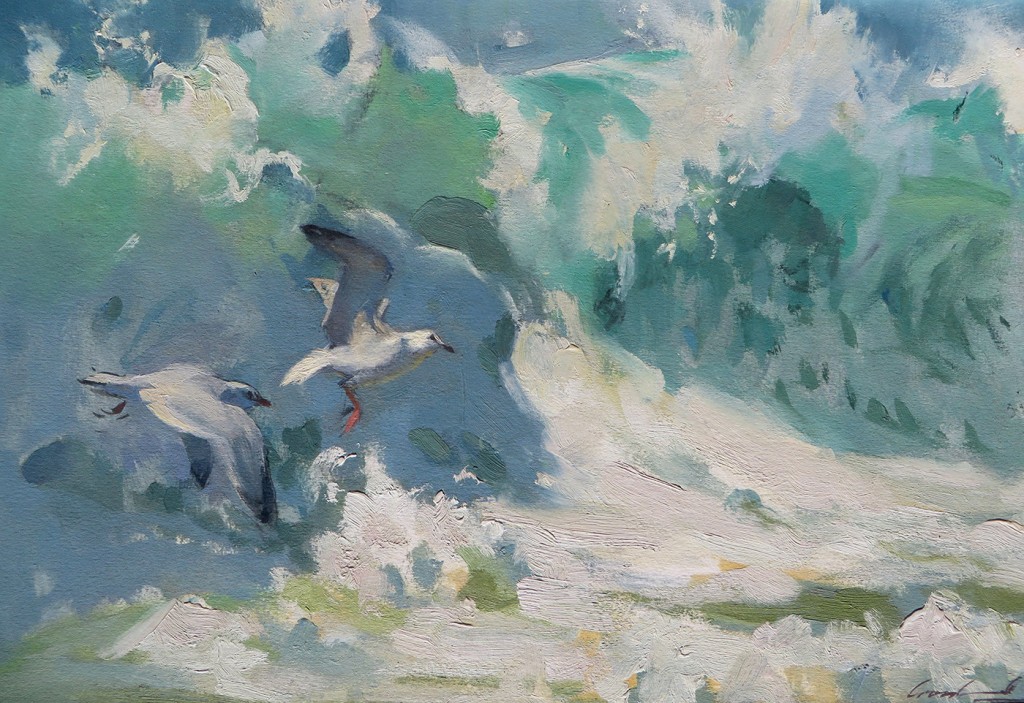 Seagulls in the surf. Painting done from photograph in studio for daughter.
