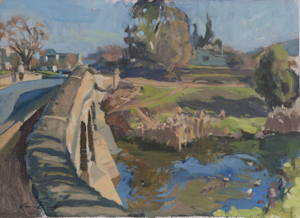 Plein air oil painting of Richmond in Tasmanian rural landscape, Australia by Rick Crossland