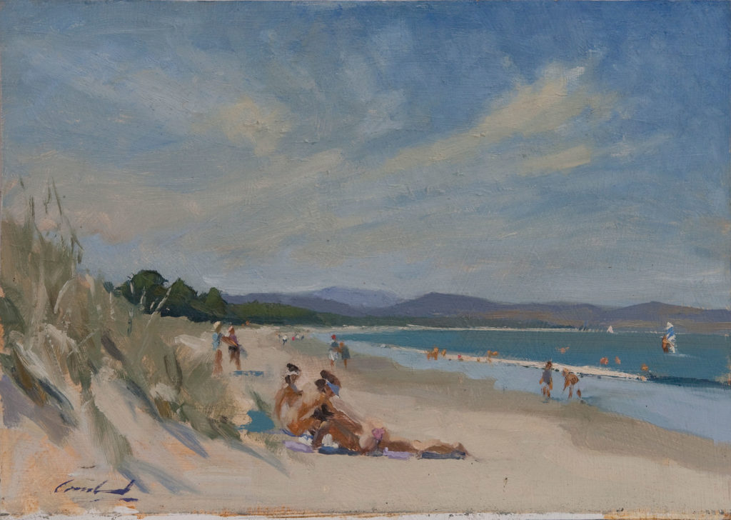 Plein air oil painting of girls sunbathing at Seven Mile Beach, Tasmania, Australia by Rick Crossland