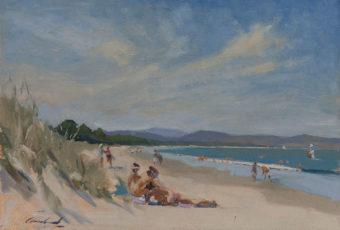 Plein air oil painting of girls sunbathing at Seven Mile Beach, Tasmania, Australia by Rick Crossland