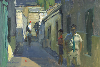 Excerpt of a plein air oil painting by Tasmanian Artist Rick Crossland of figures at Kelly's Steps at Salamanca, Hobart.