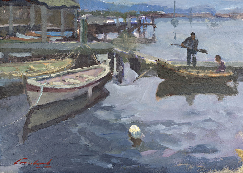 Plein air oil painting by Tasmanian Artist Rick Crossland of boats moored at Franklin, Tasmania.
