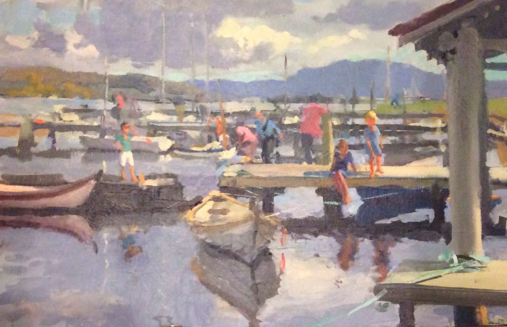 Plein air oil painting by artist Rick Crossland of moored boats and figures on a jetty at Franklin, Tasmania.