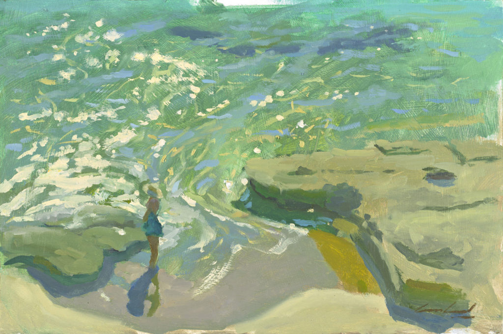 Plein air oil painting of a figure on the beach at Dodges Ferry, Tasmania, Australia by Tasmanian artist, Rick Crossland
