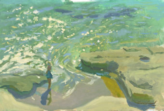 Plein air oil painting of a figure on the beach at Dodges Ferry, Tasmania, Australia by Tasmanian artist, Rick Crossland