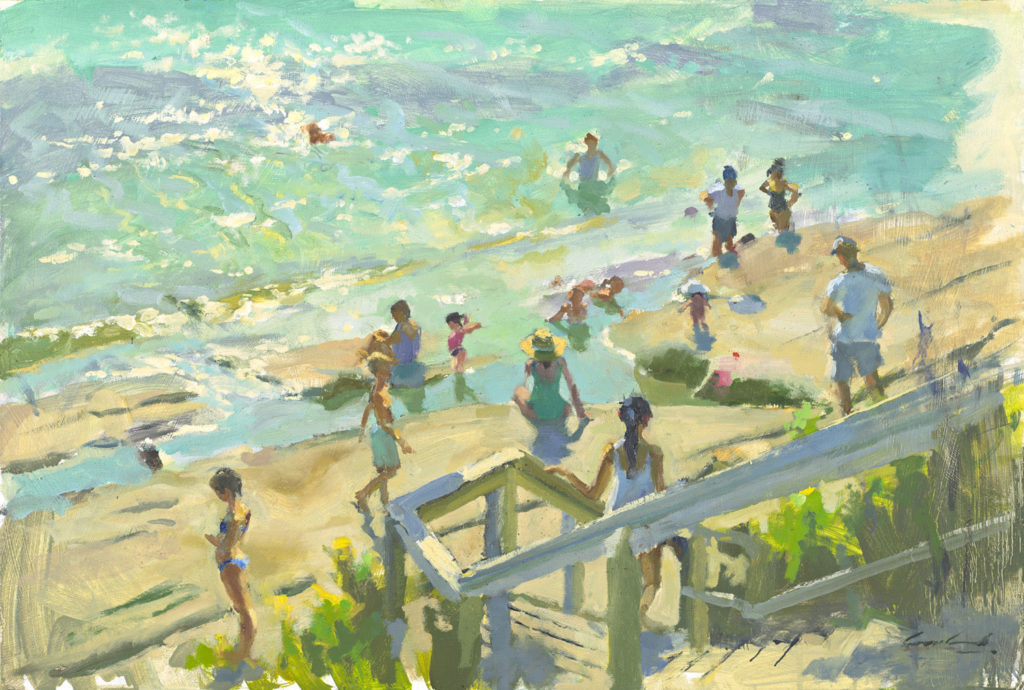 Plein air oil painting of figures on Dodges Ferry beach, Tasmania, Australia by Rick Crossland