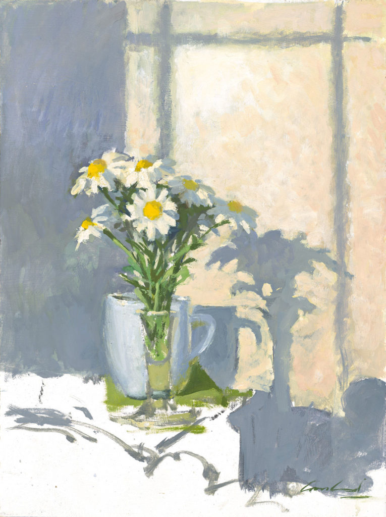 Oil painting of a vase of daisies in morning light by Tasmanian artist Rick Crossland.