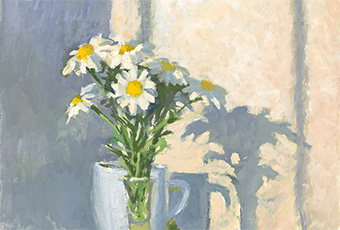 Excerpt of an oil painting of a vase of daisies in morning light by Rick Crossland.