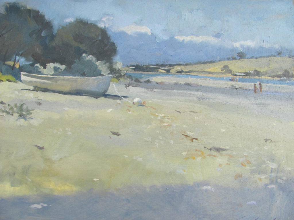 Oil painting of a dinghy at Cremorne beach, Tasmania, with figures in the distance. By Tasmanian artist Rick Crossland.