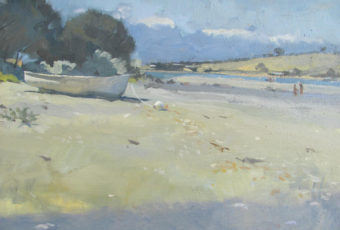 Oil painting of a dinghy at Cremorne beach, Tasmania, with figures in the distance. By Tasmanian artist Rick Crossland.