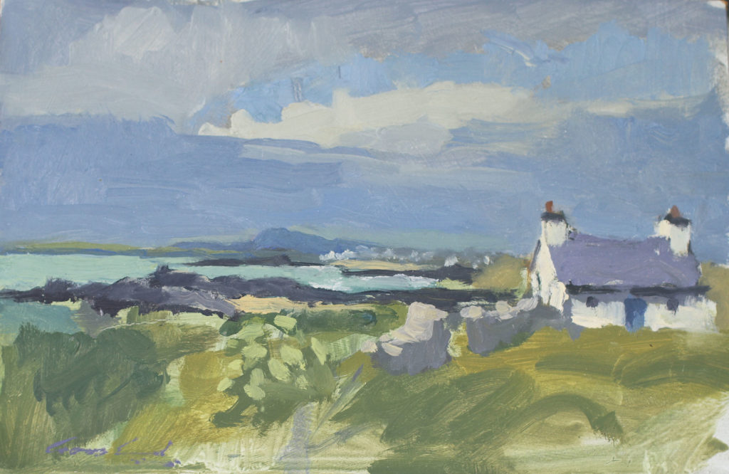 Oil on board painting by Tasmanian plein air artist Rick Crossland of a cottage on the coast in the Welsh countryside