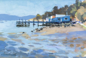 Oil painting on board by Rick Crossland of boatsheds and a jetty at Cornelian Bay, Hobart, Tasmania.