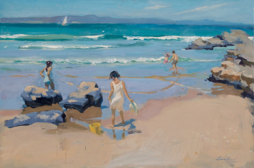 Plein air oil painting of children playing on the beach and in the breakers at Clifton Beach. By Tasmanian artist Rick Crossland.