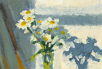 Excerpt of an oil painting of a vase of daisies on a chair in the golden light of morning by Tasmanian artist Rick Crossland.