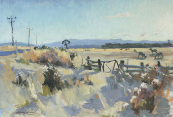 Plein air oil painting of a closed gate leading to a paddock with sheep grazing and mountains in the distance in rural Tasmania