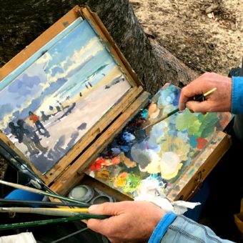 A work in progress, including the artist's mixing palette, by Tasmanian plein air artist, Rick Crossland.