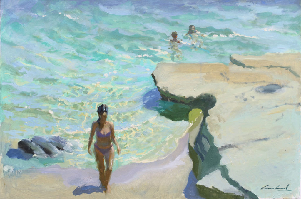 Oil painting of figures on the beach and in the sea at Dodges Ferry, Tasmania, by artist plein air Rick Crossland.