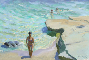 Oil painting of figures on the beach and in the sea at Dodges Ferry, Tasmania, by artist plein air Rick Crossland.