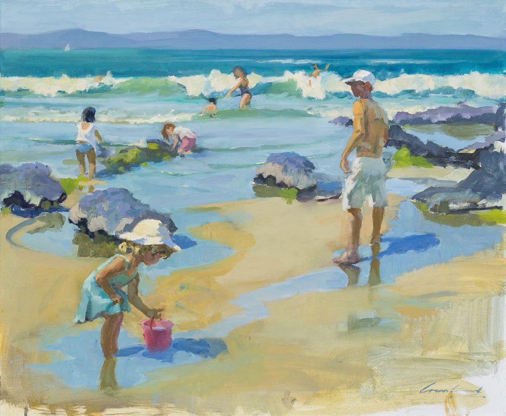 Oil painting on figures swimming and playing on Carlton Beach, by plein air artist Rick Crossland.