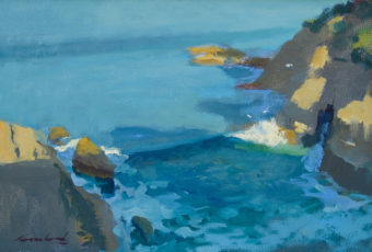 Plein air oil painting of waves breaking against the cliffs at South Arm, Tasmanian by artist Rick Crossland.