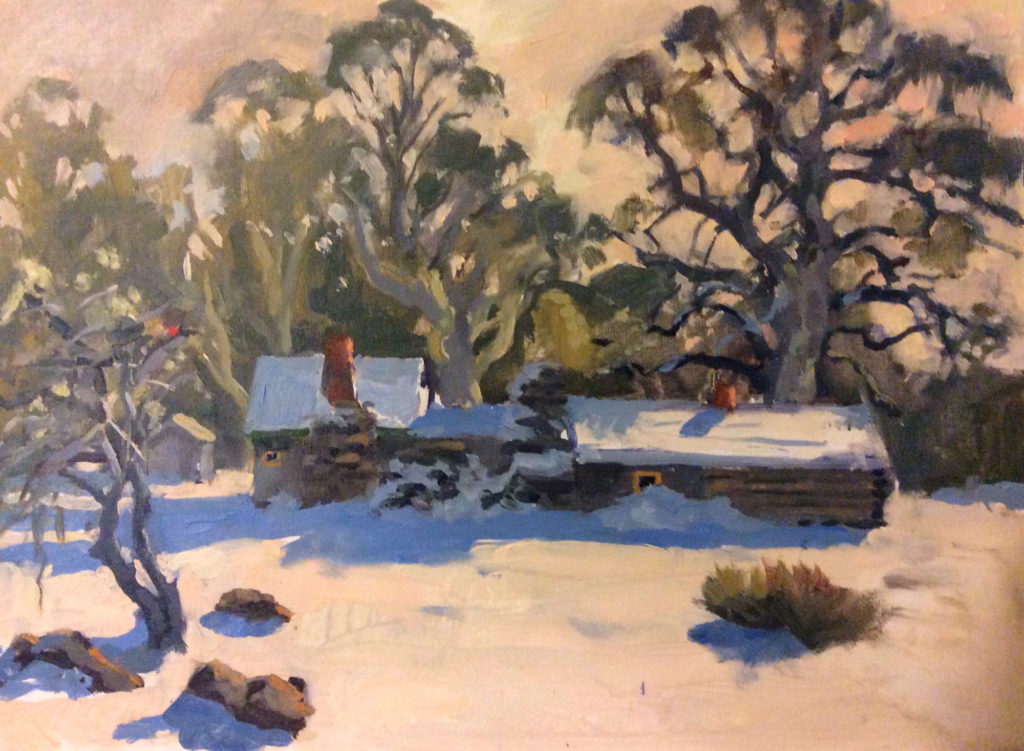 Oil painting of a snow-covered homestead with a snowy foreground and large Eucalyptus trees in the background by Tasmanian artist Rick Crossland.