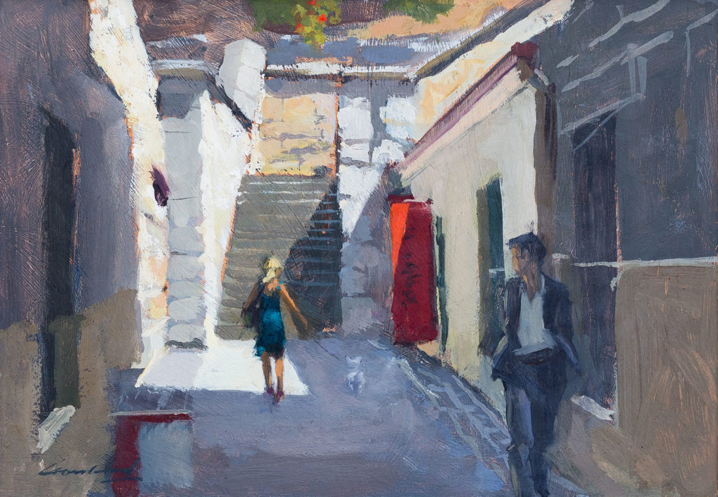 Plein air oil painting of two figures walking at Kelly's Steps, Salamanca by Tasmanian artist Rick Crossland.