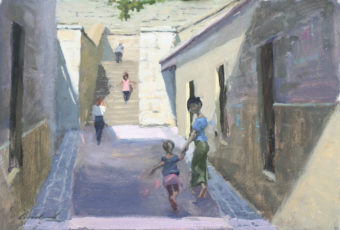 Oil painting on canvas of a woman and young girl running toward Kelly's Steps, Salamanca, Tasmania, by plein air artist Rick Crossland.