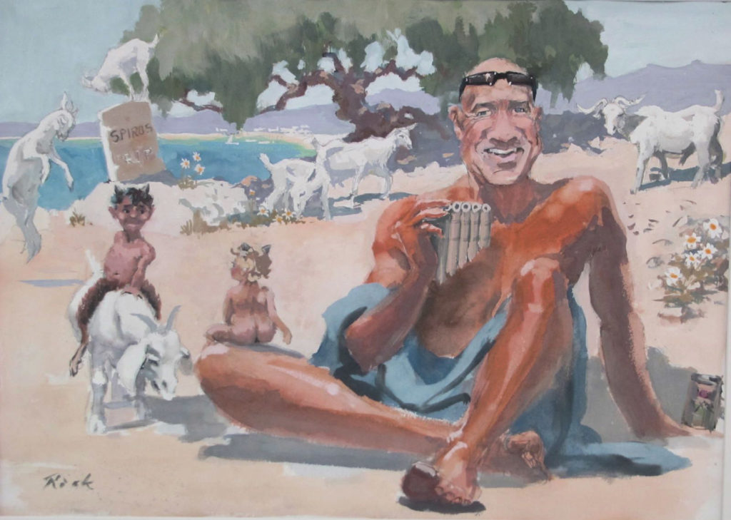 Gouache illustration of a man sitting on a beach with goats and cherubs frolicking in the background