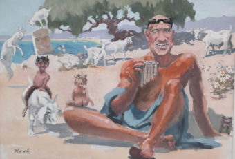 Gouache illustration of a man sitting on a beach with goats and cherubs frolicking in the background