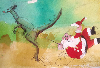 Excerpt of a Gouache illustration of Father Christmas being led by a large kangaroo