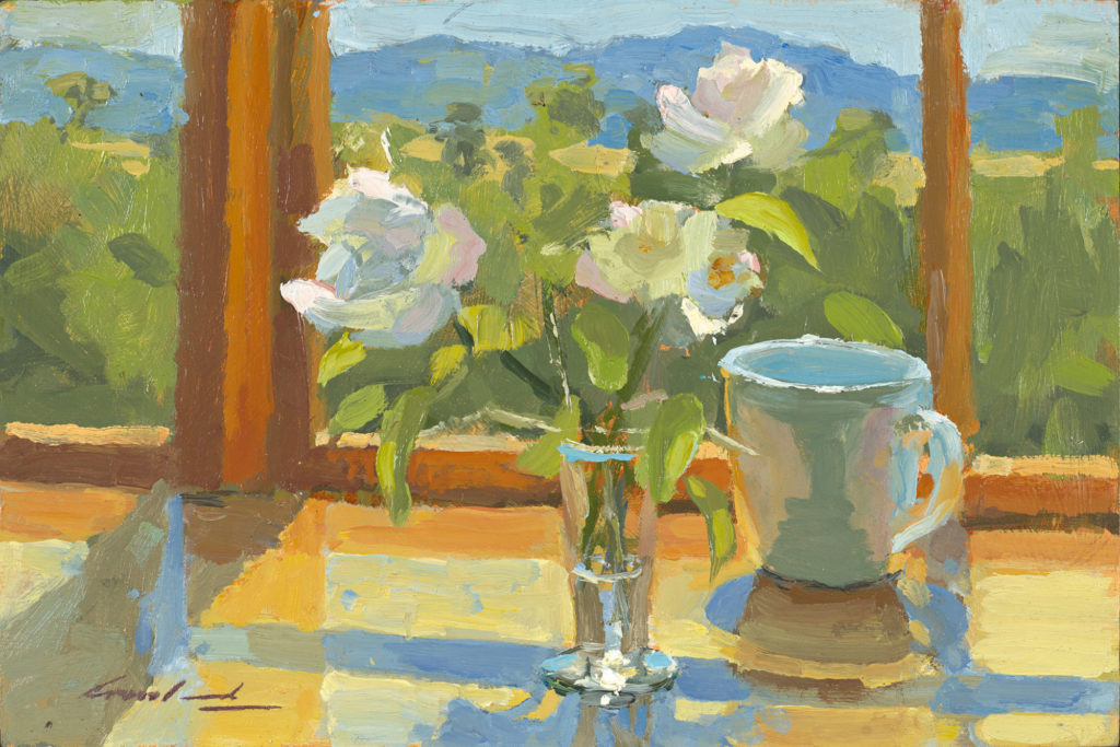 Oil on board painting of a vase of roses in a kitchen bench, in front of a window with hills in the far background, by Tasmanian artist Rick Crossland.