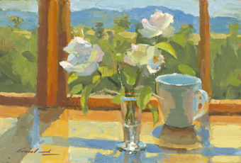 Oil on board painting of a vase of roses in a kitchen bench, in front of a window with hills in the far background, by Tasmanian artist Rick Crossland.